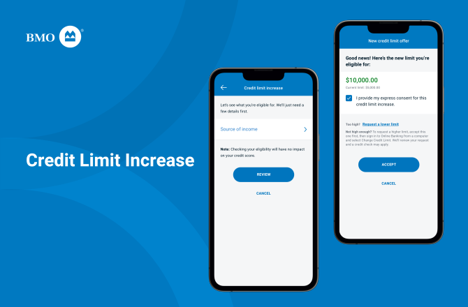 Mobile banking self-service flow that allows customers to request and manage credit limit increases directly within the banking app.
