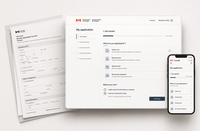 Digital application experience concept for IRCC services, transforming traditional paper-based workflows into accessible online processes.
