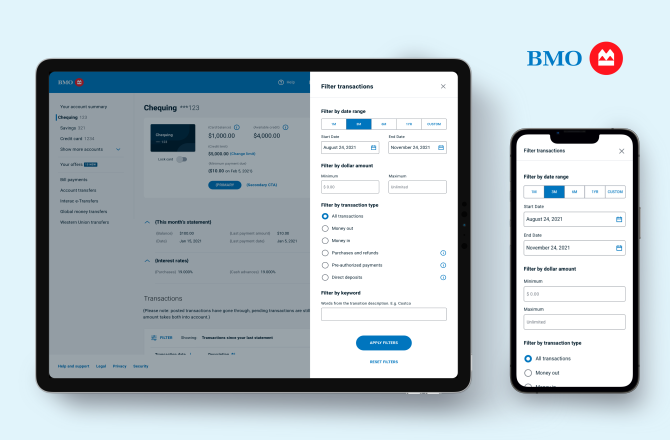 Transaction filtering and search experience for online banking, designed to help customers quickly locate debit and credit card activity.